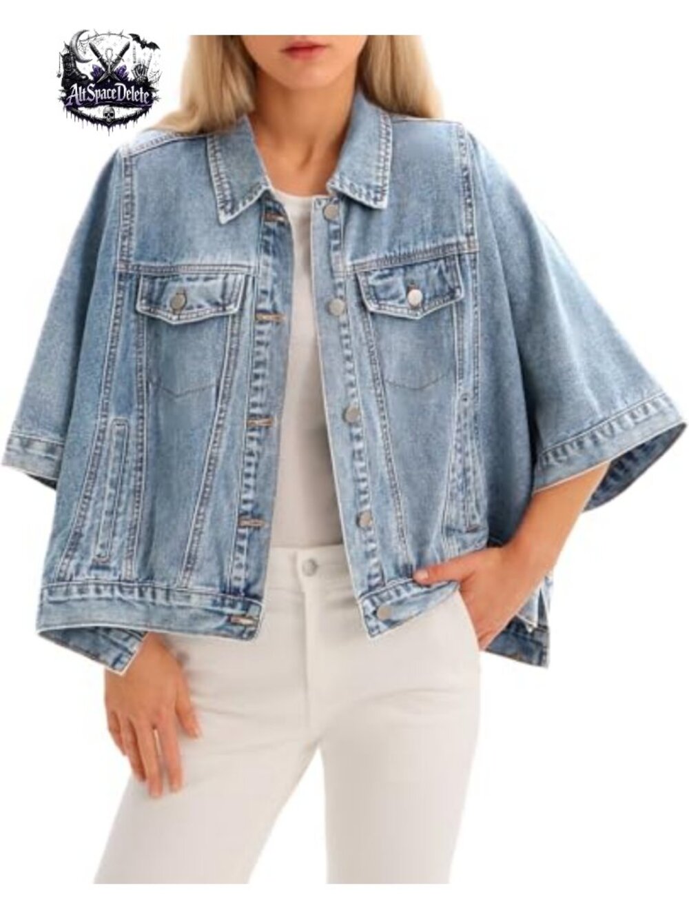 Oversized Cropped Denim Cape Jacket Half Sleeve Button Down